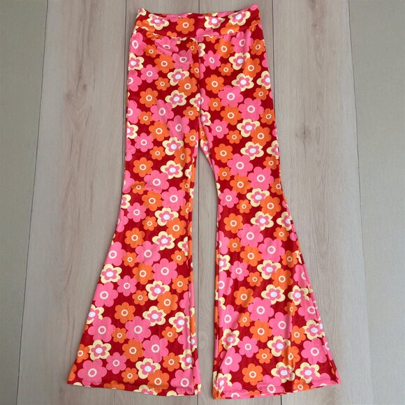 60s Marsha Brady-Inspired Floral Bell Bottom Legging Pants w/ Elastic Waist (L) - Picture 2 of 12